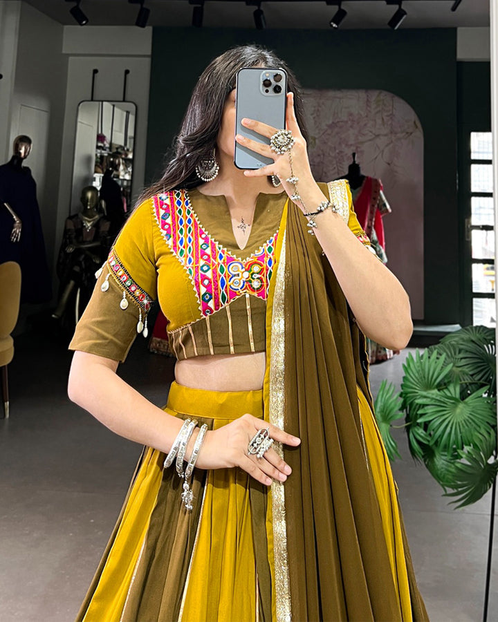 Mustard And Mehndi Color Rayon Navratri Lehenga Choli