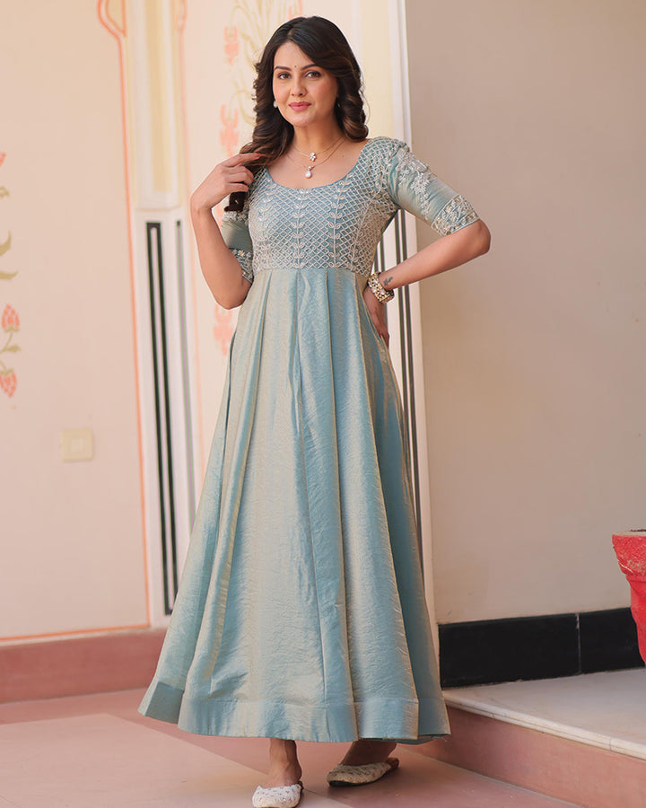Sky Blue Color Fendi Embroidered work Gown