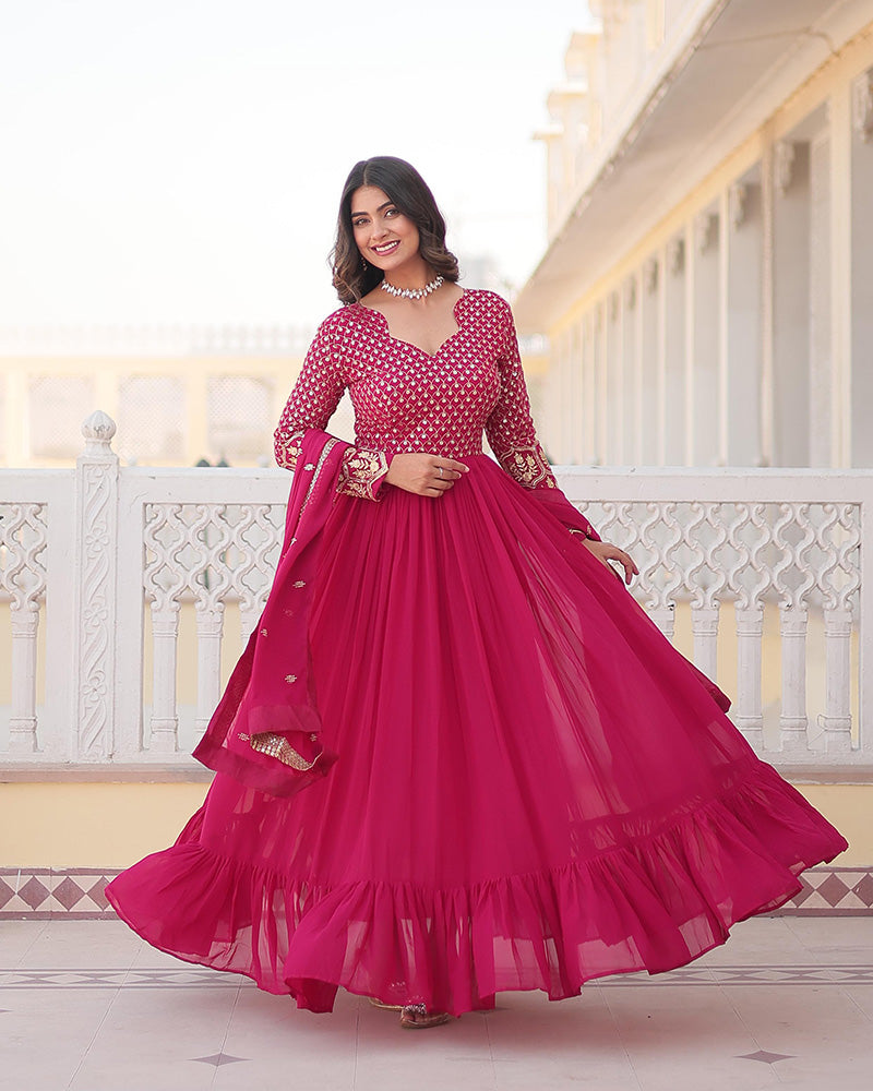 Rani Pink Color Faux Blooming Gown With Sequins Embroidered Dupatta