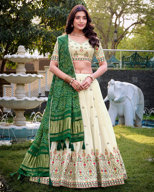 Square Shape Off-White Color Cotton Lehenga Choli