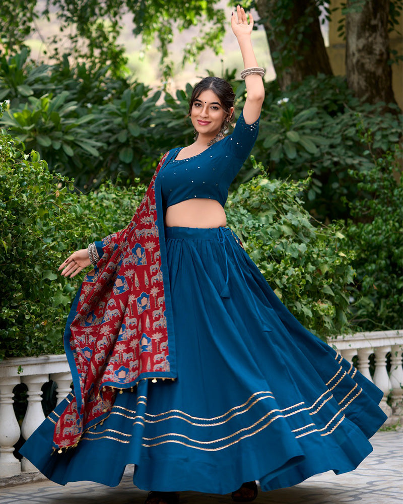 Firozi Color Cotton Plain Navratri Lehenga Choli