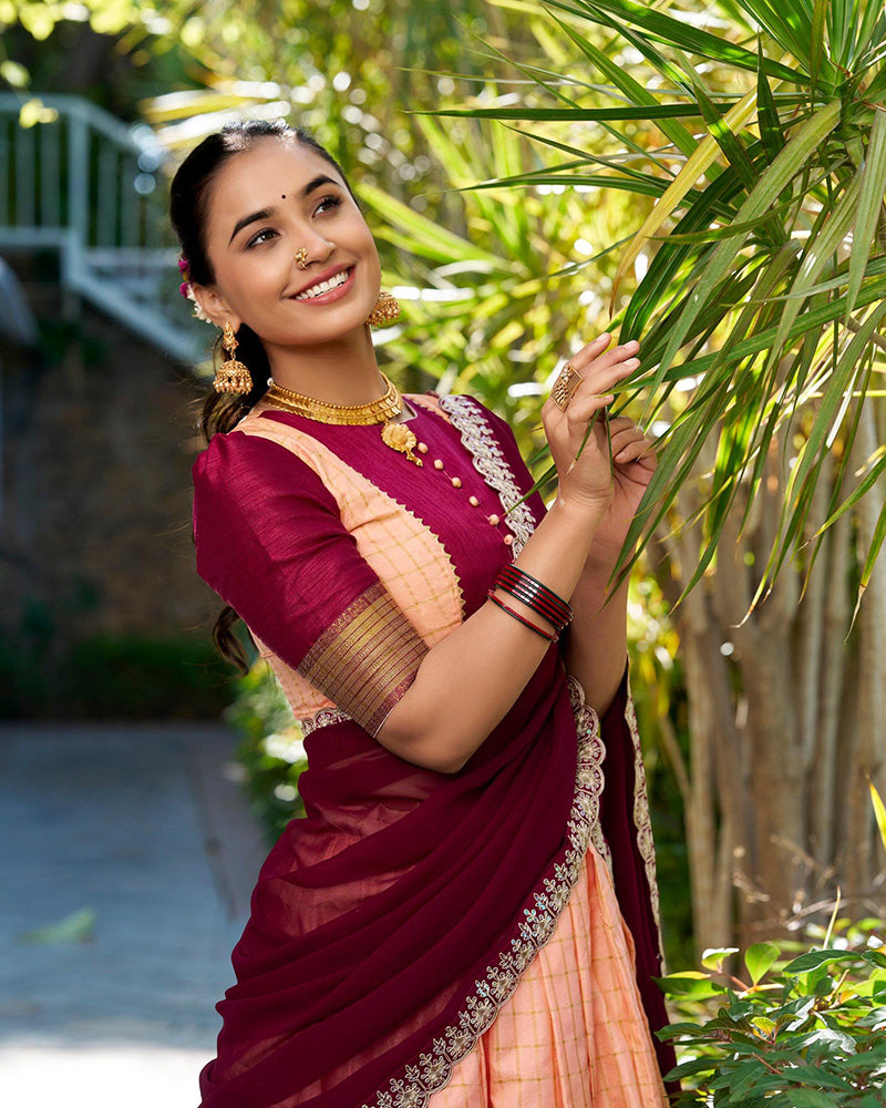 premium Peach Color Zari Chex Half Saree