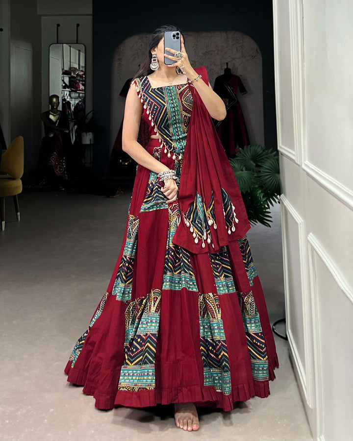 Maroon Color Cotton Foil Printed Navratri Lehenga Choli