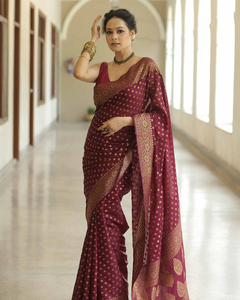 Maroon Color Banarasi Jacquard Soft Silk Saree