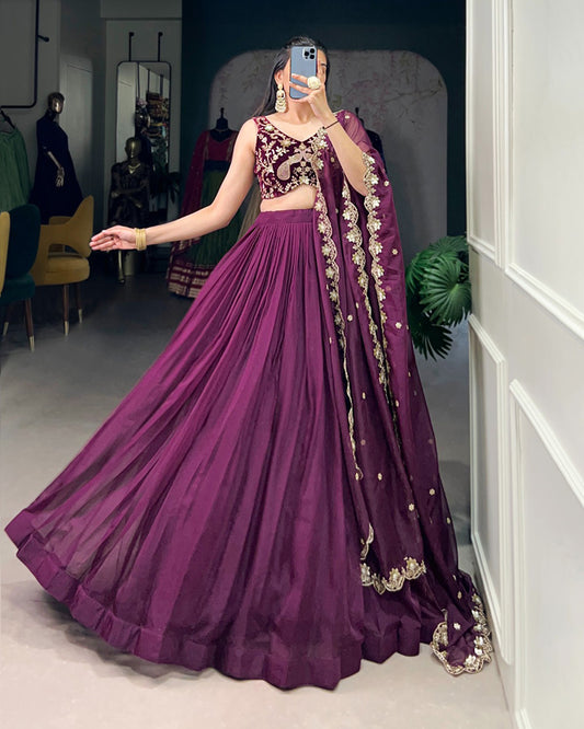 Wine Color Embroidered Organza Lehenga Choli