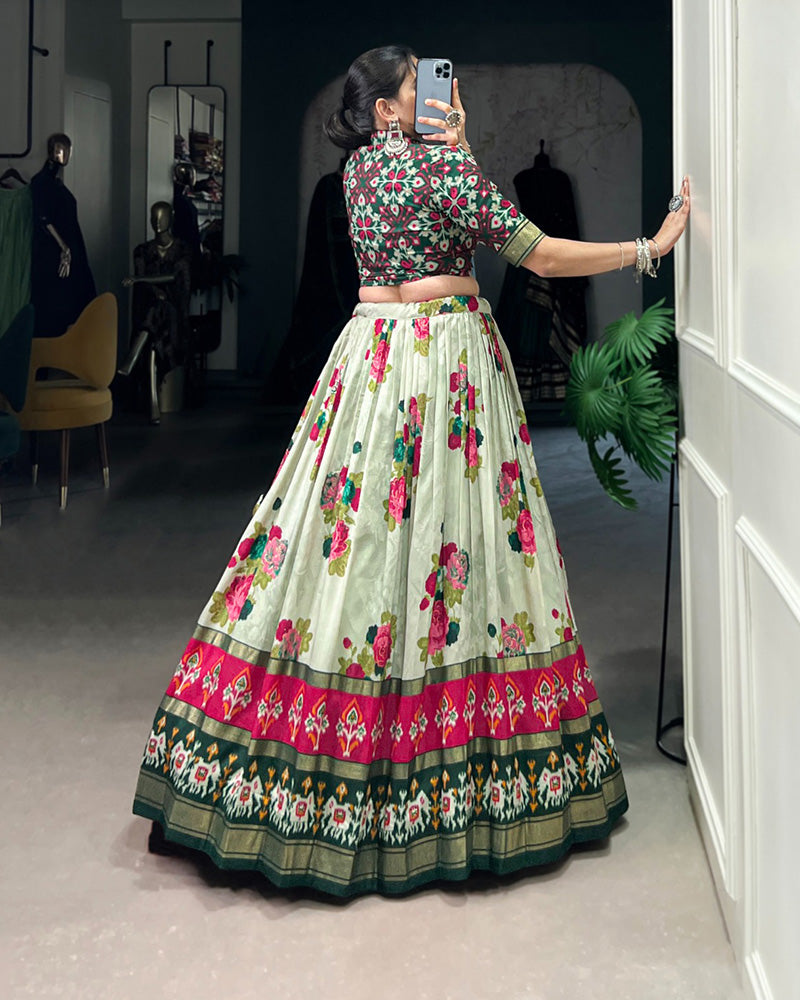 Green Color Tussar Silk Patola Printed Lehenga Choli