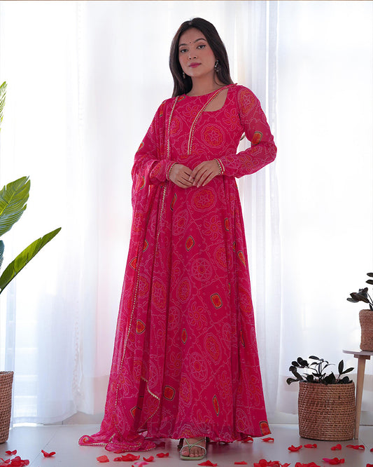 Pink Color Bandhej  Print Soft Chiffon Stylish Neck Three Piece Anarkali Gown