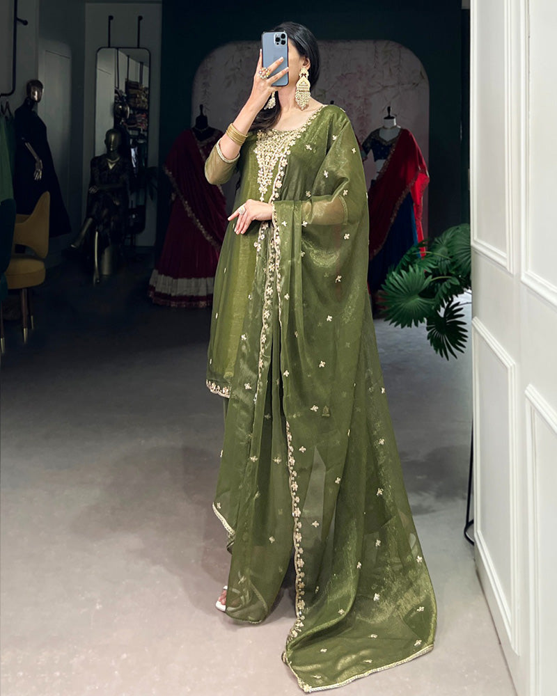 Olive Green Color Gold Coin Three Piece Kurti Suit