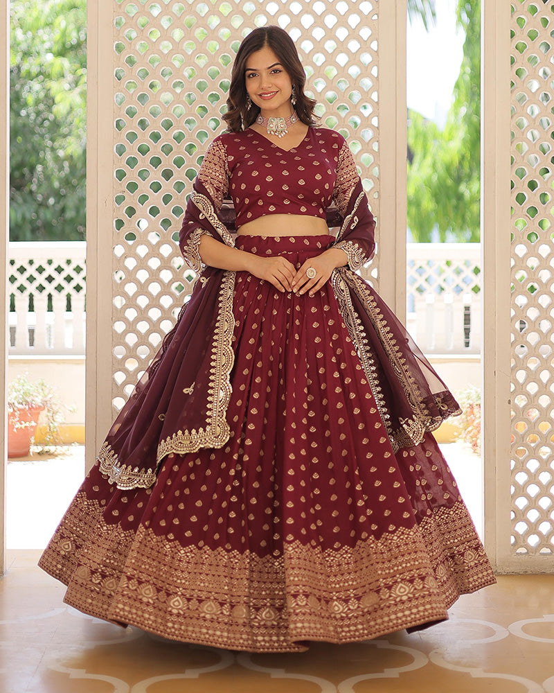 Wine Color Pure Dyable Jacquard Lehenga Choli