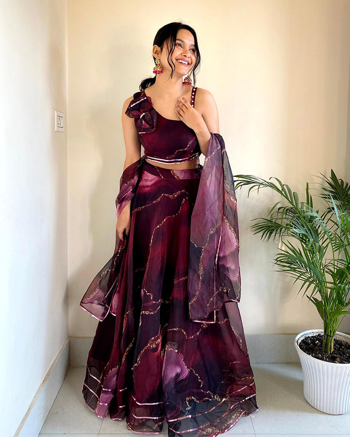 Wine Color Pure Organza Full Stitched Lehenga Choli