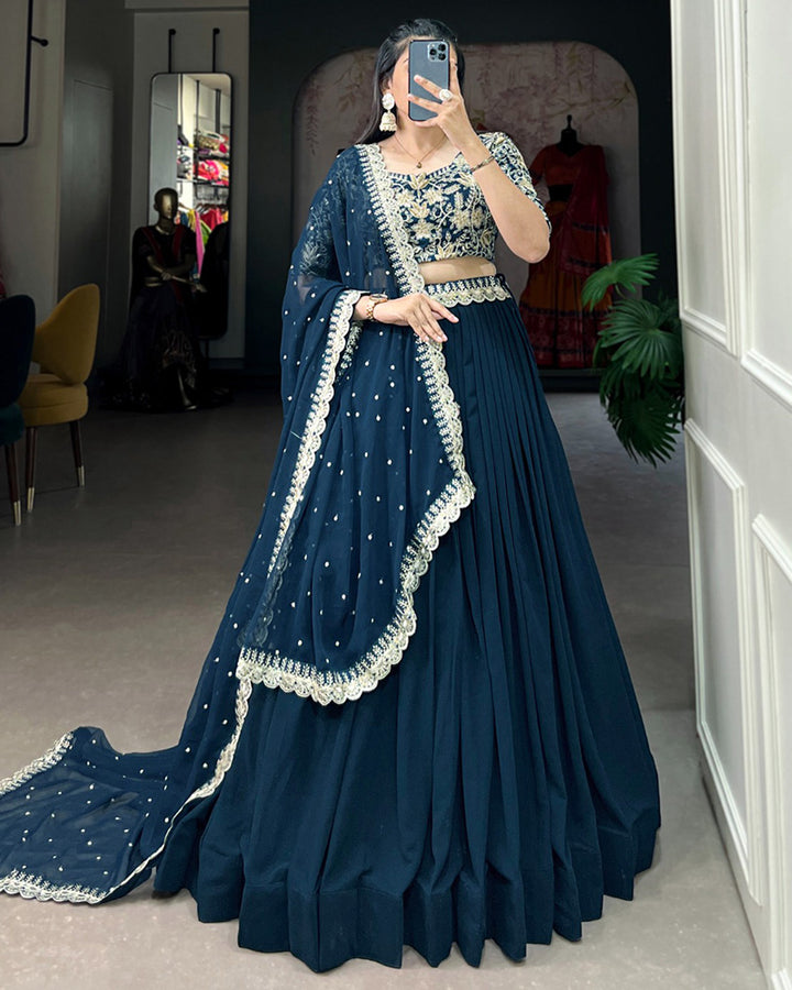 Tell Green Color Georgette Embroidered Lehenga Choli