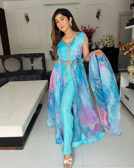 Western Sky Blue Color Printed Soft Organza Anarkali Three Piece Suit