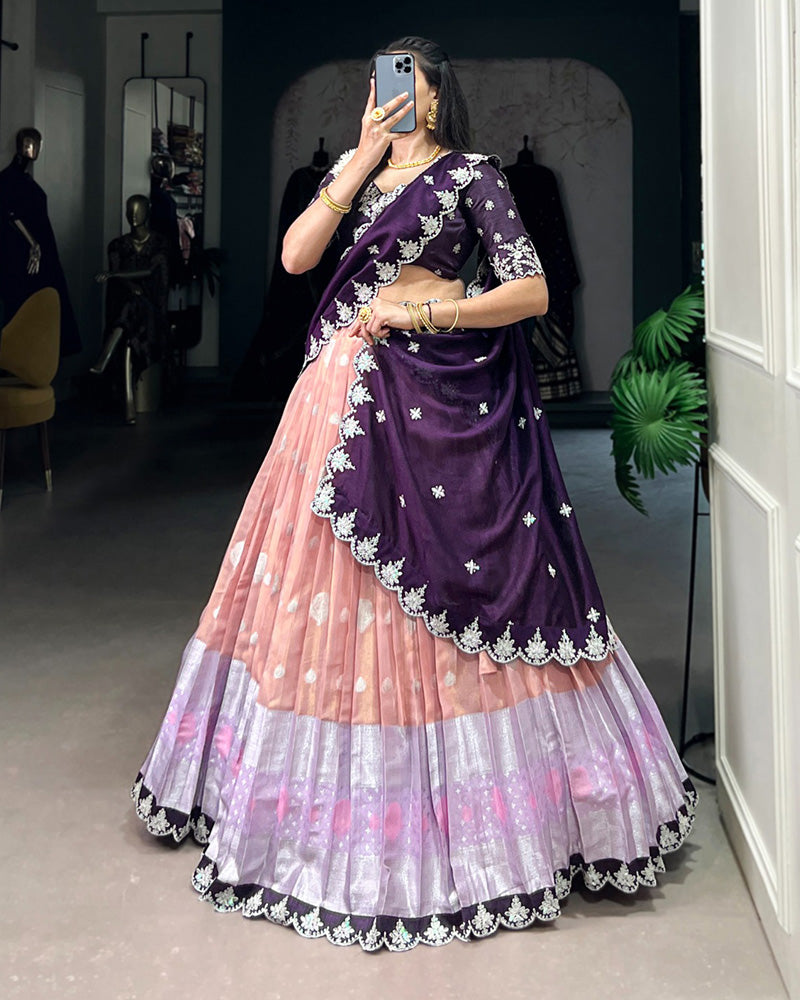 Peach Color Zari Kota Embroidered Half Saree