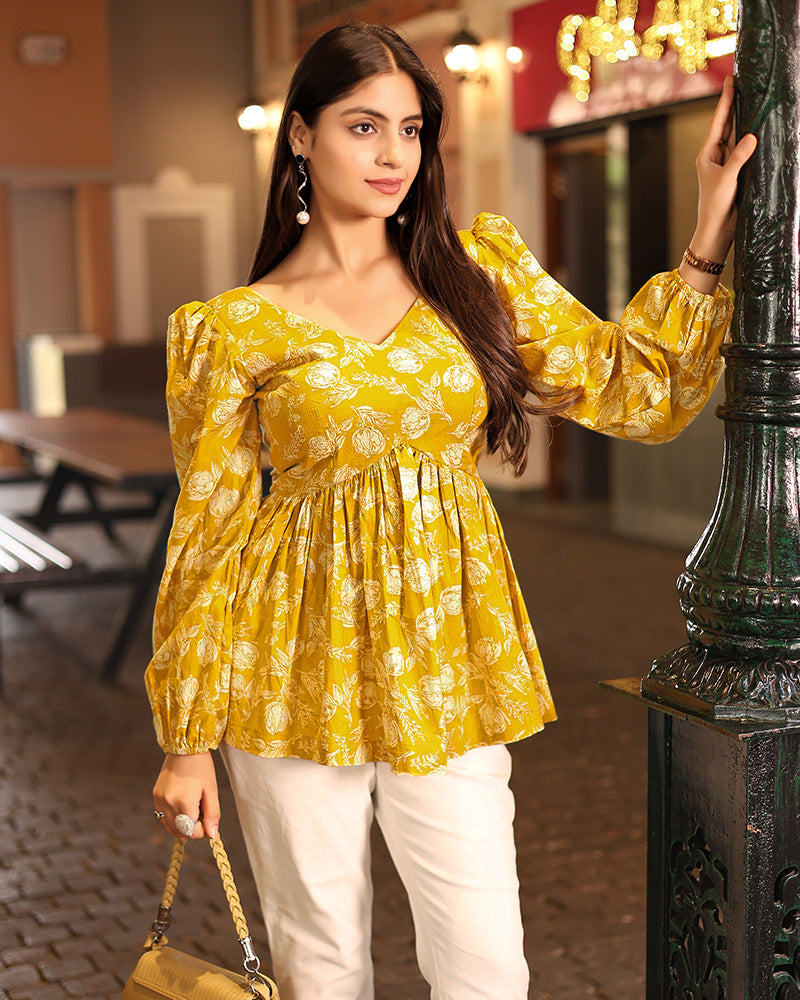 Yellow Color Pure Cotton Floral Printed Tunic