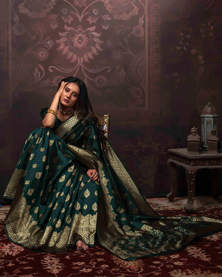 Dark Green Color Banarasi Jacquard Soft Silk Saree