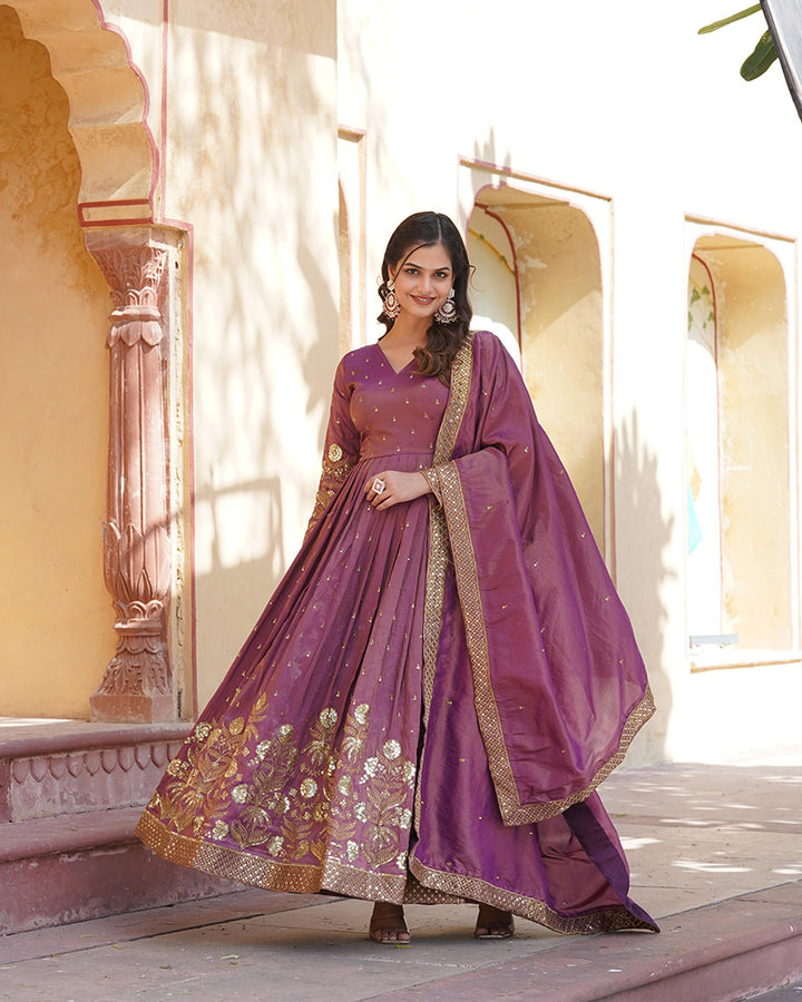 Designer Onion Color embroidered Viscose Cosmos Gown With Dupatta