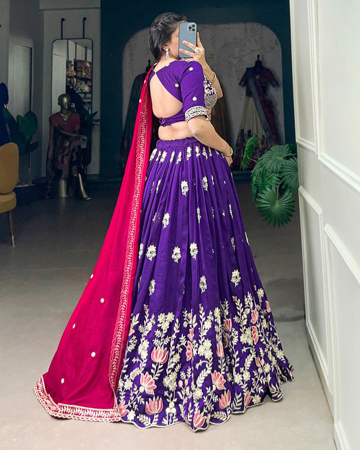 Purple Color Vichitra Silk Thread Embroidered Lehenga Choli