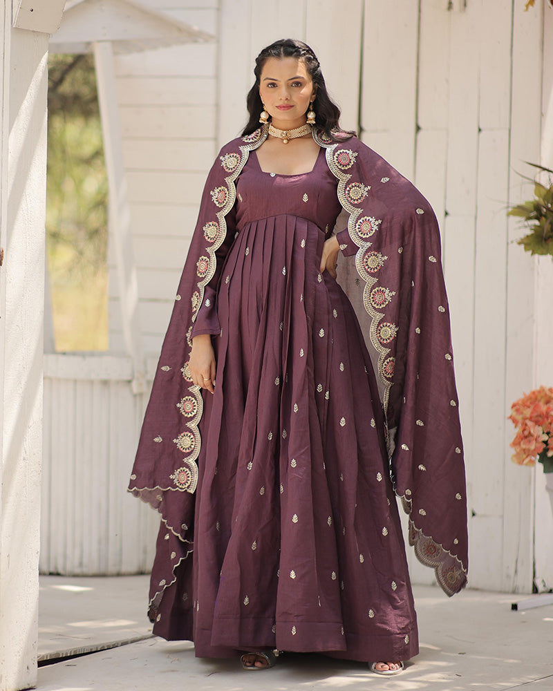 Onion Color Vichitra Shimmer Sequence Embroidered Gown