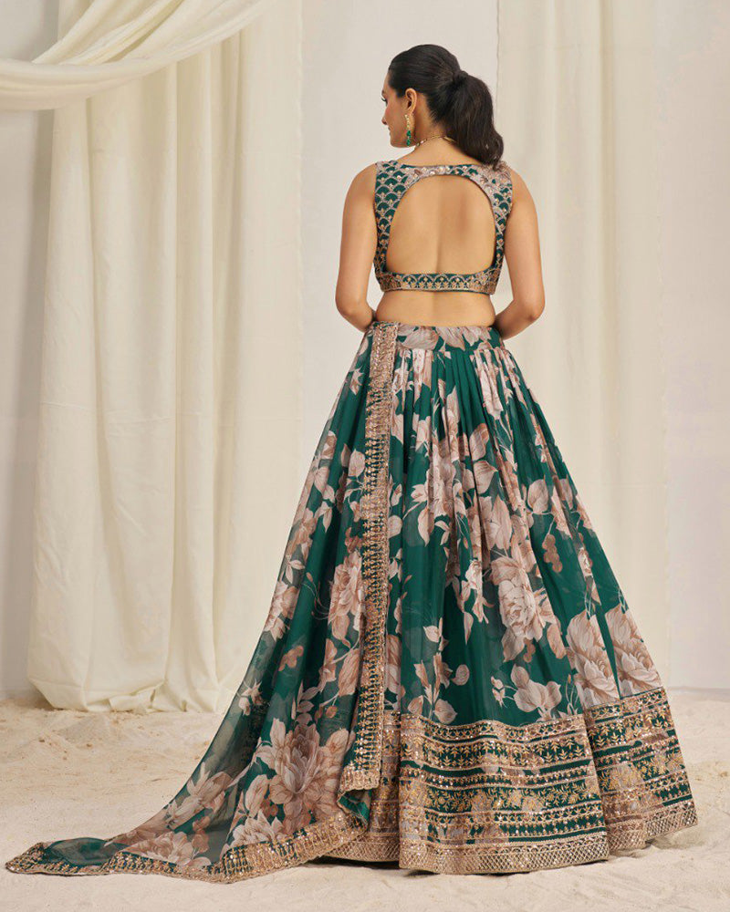 Green Color Floral Printed Organza Lehenga Choli