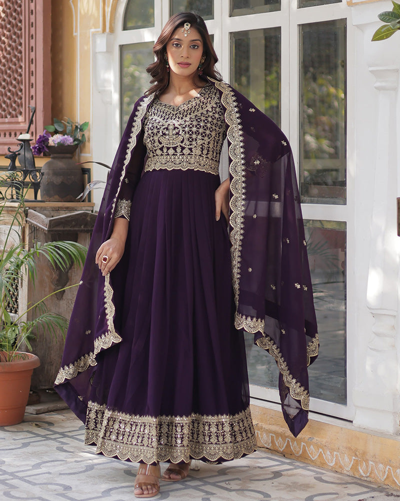 Violet Color Faux Blooming Embroidered Gown