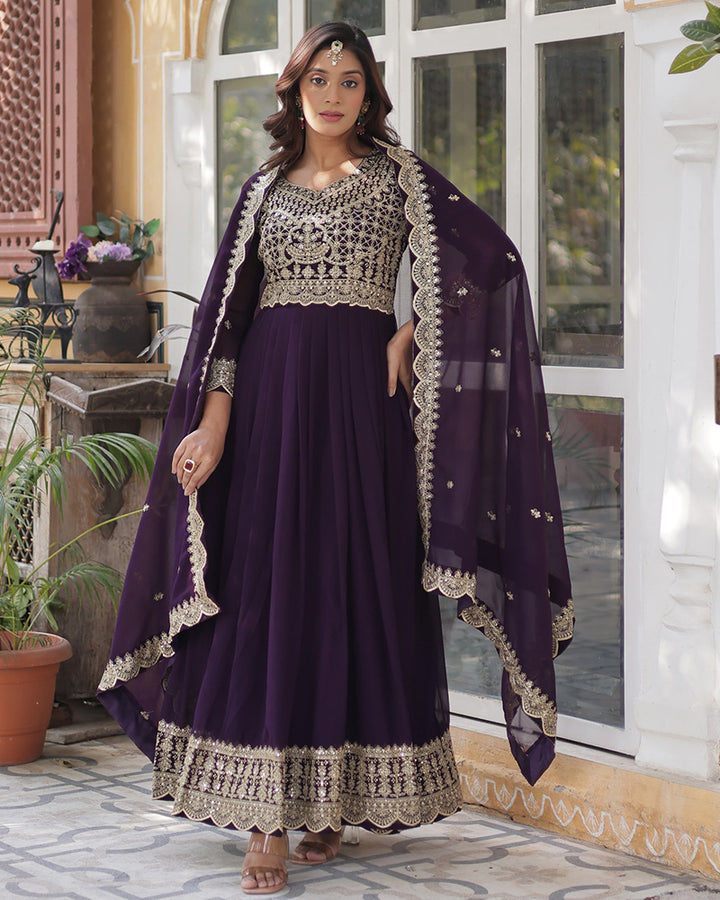 Violet Color Faux Blooming Embroidered Gown