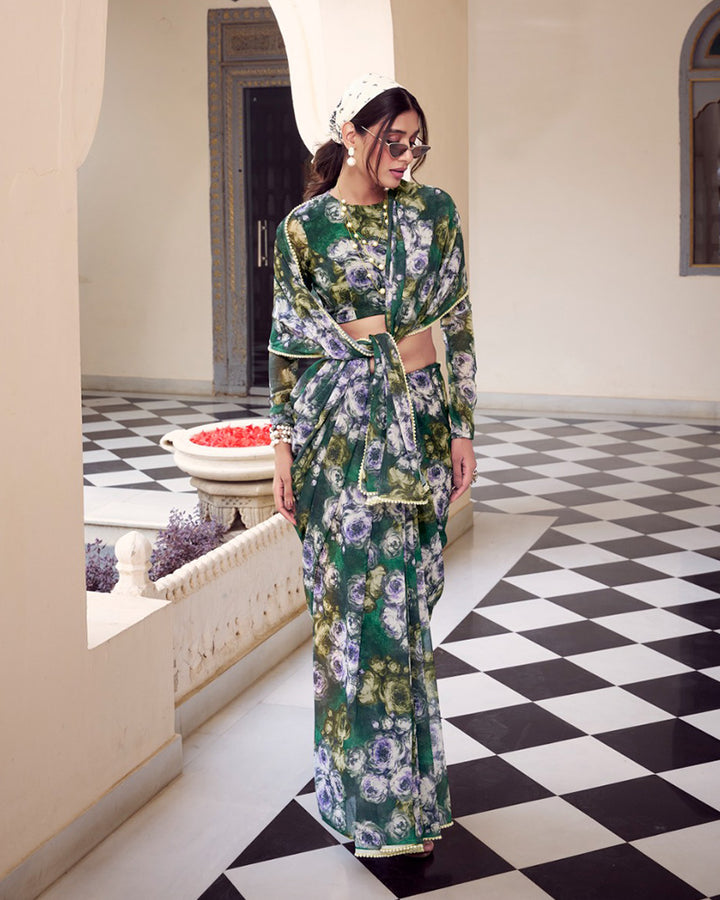 Green Color Weightless Marble Printed Saree