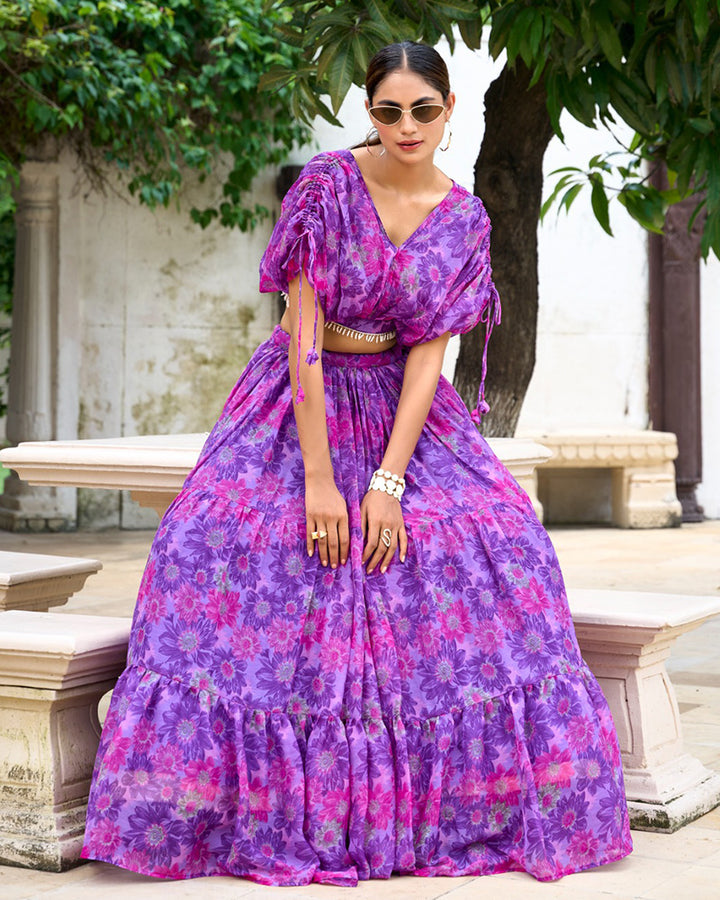 Purple Color Chiffon Printed Crop Top Lehenga Choli