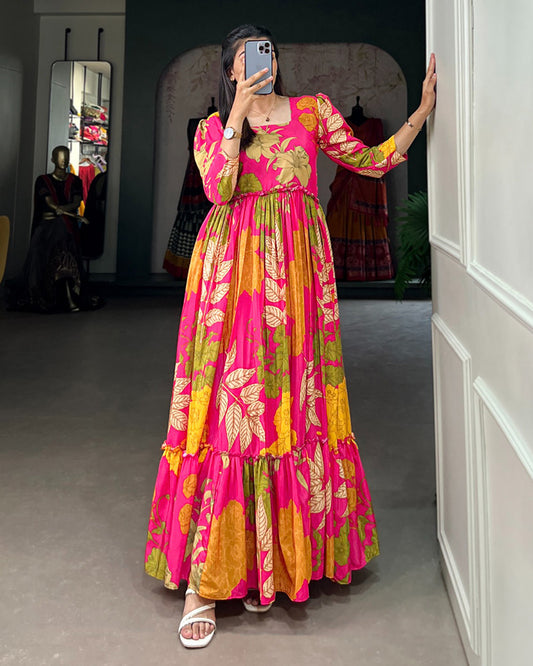 2 Color Crape Silk Floral Printed Gown