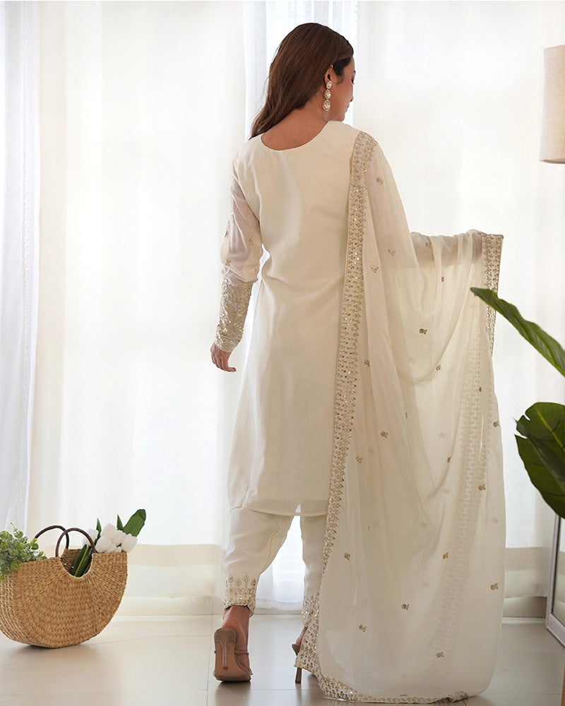 White Color Chinon Silk Three Piece Kurti Suit