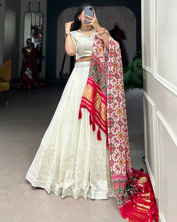 Off White Color Lucknowi Work Lehenga Choli With Different Dupatta