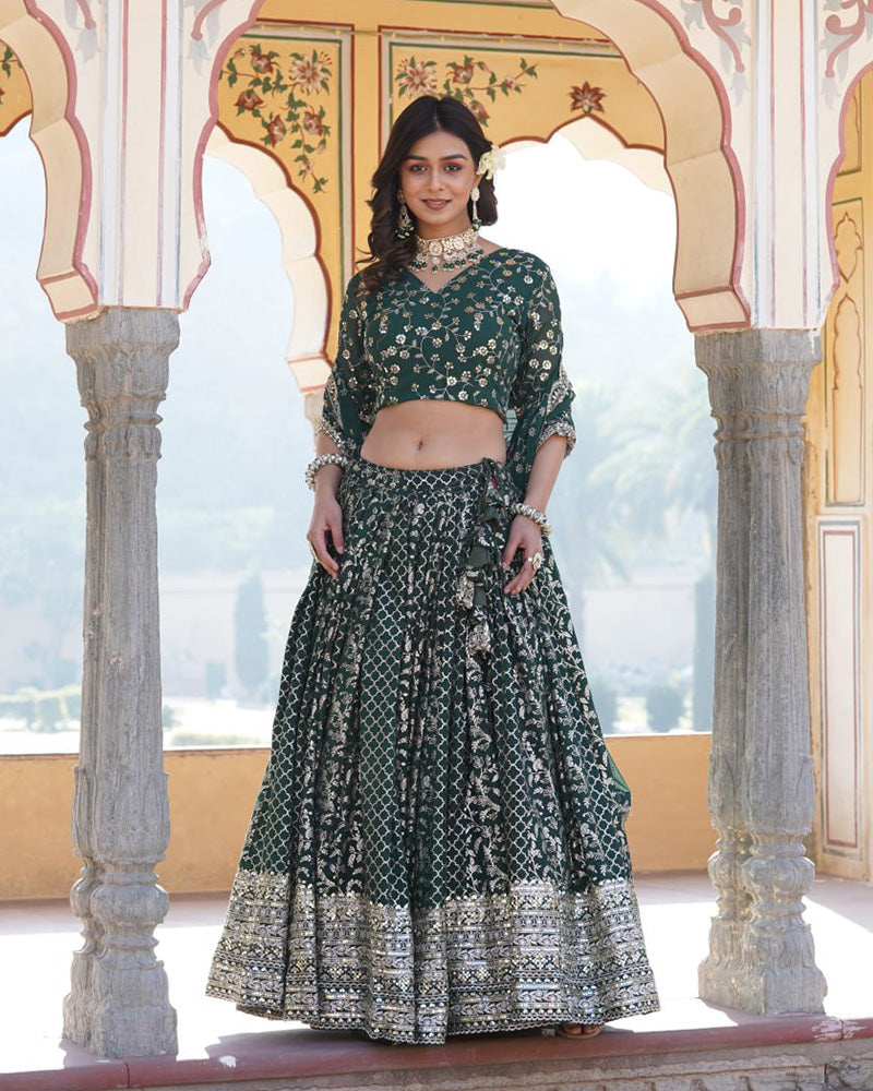 New Design Green Color Sequence Embroidered Jacquard Lehenga Choli