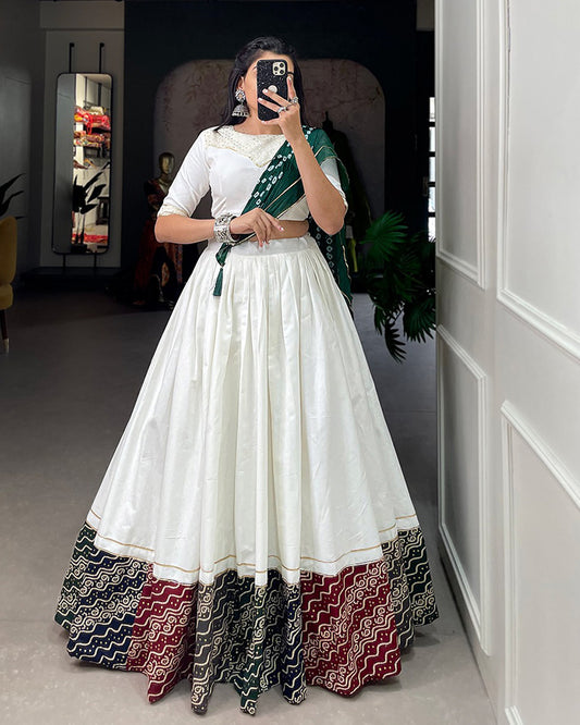 White Color Cotton Printed Navratri Lehenga Choli
