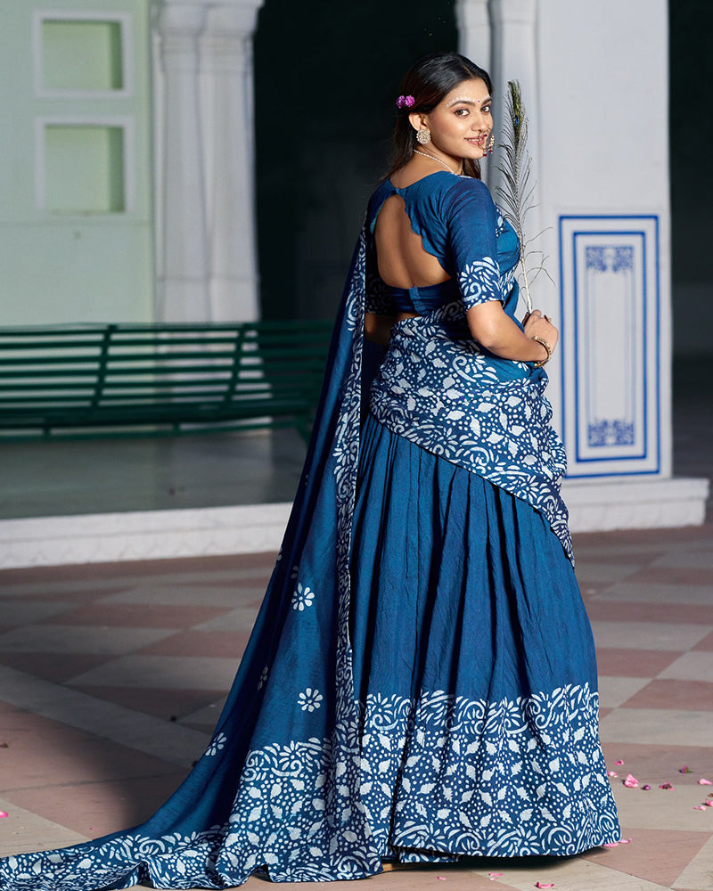 Teal Blue Color Lightweight Cotton Chanderi Lehenga Set