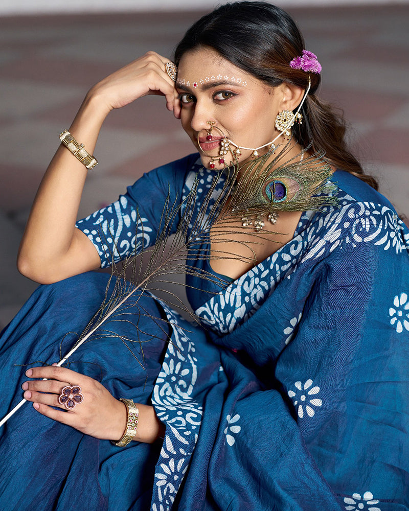 Teal Blue Color Lightweight Cotton Chanderi Lehenga Set