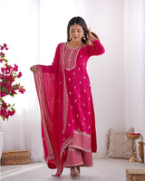 Rani Pink Color Chinon Silk Three Piece Kurti Suit