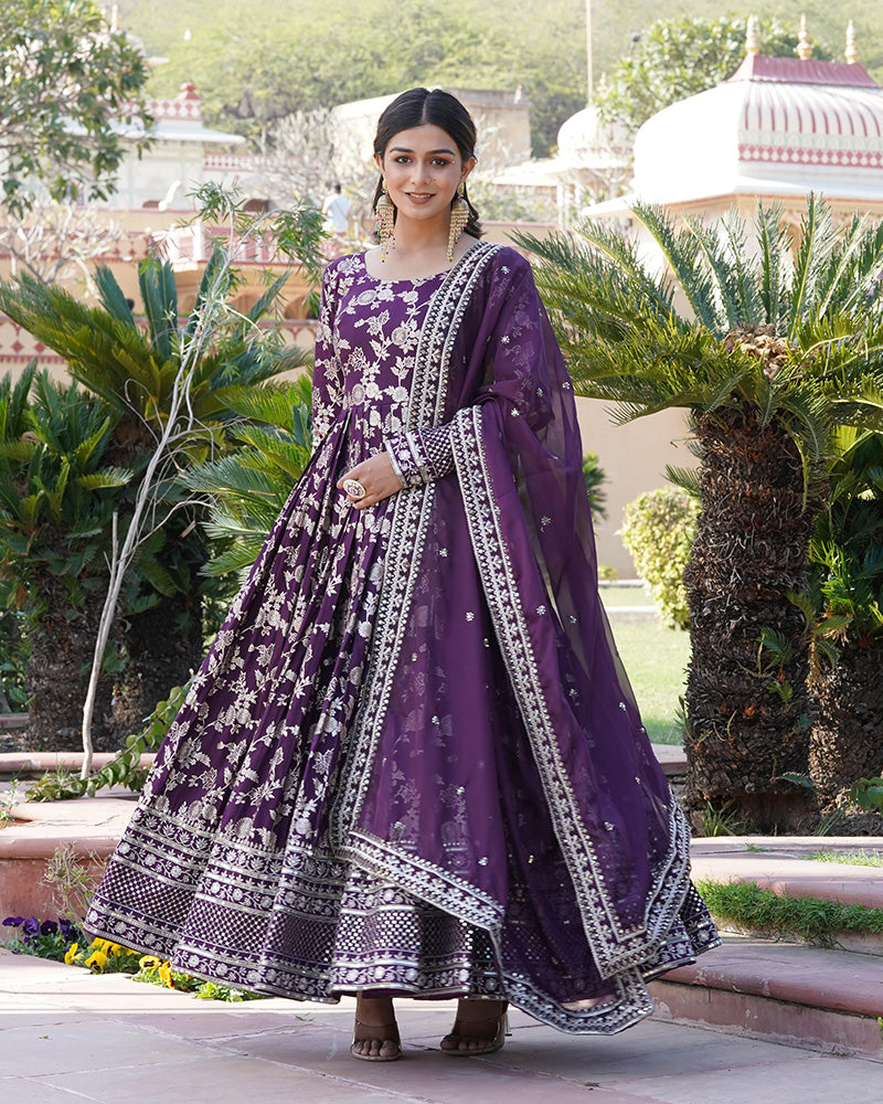 Designer Wine Color Sequence embroidered Viscose Jacquard Gown With Dupatta