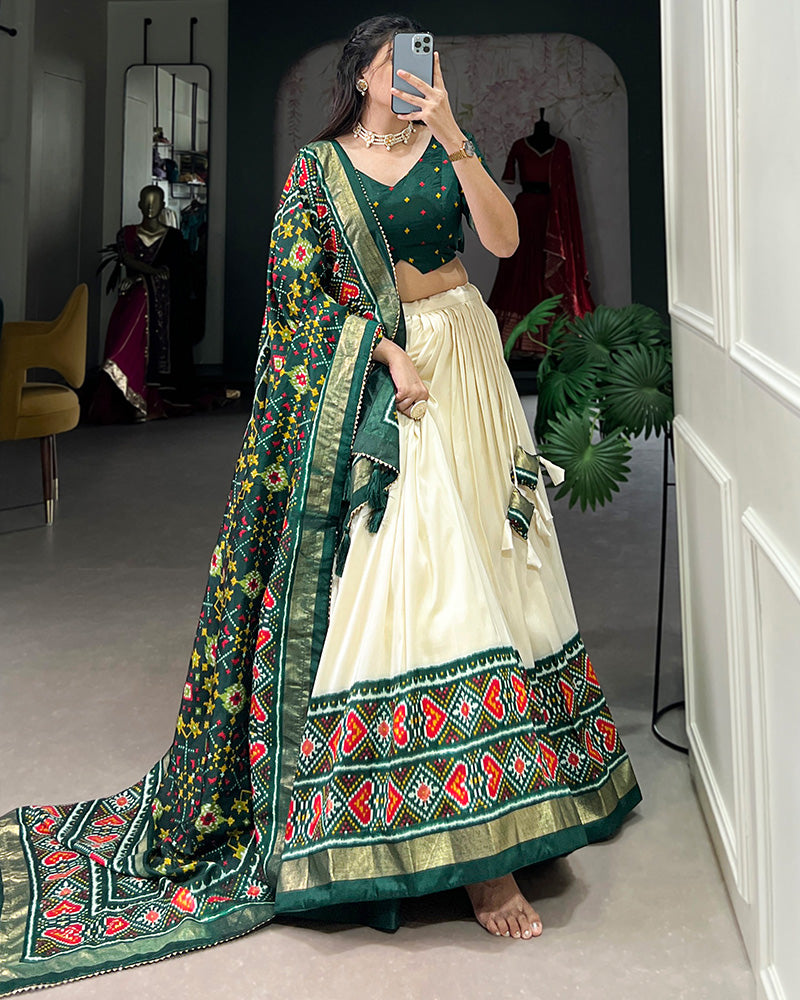 Green Color Tussar Silk Patola Printed Lehenga Choli