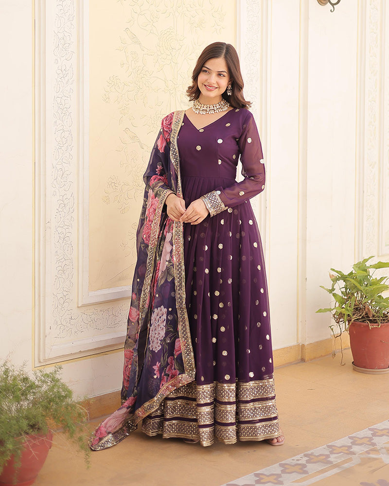 Faux Georgette Wine Color Anarkali Gown With Tebby Silk Dupatta