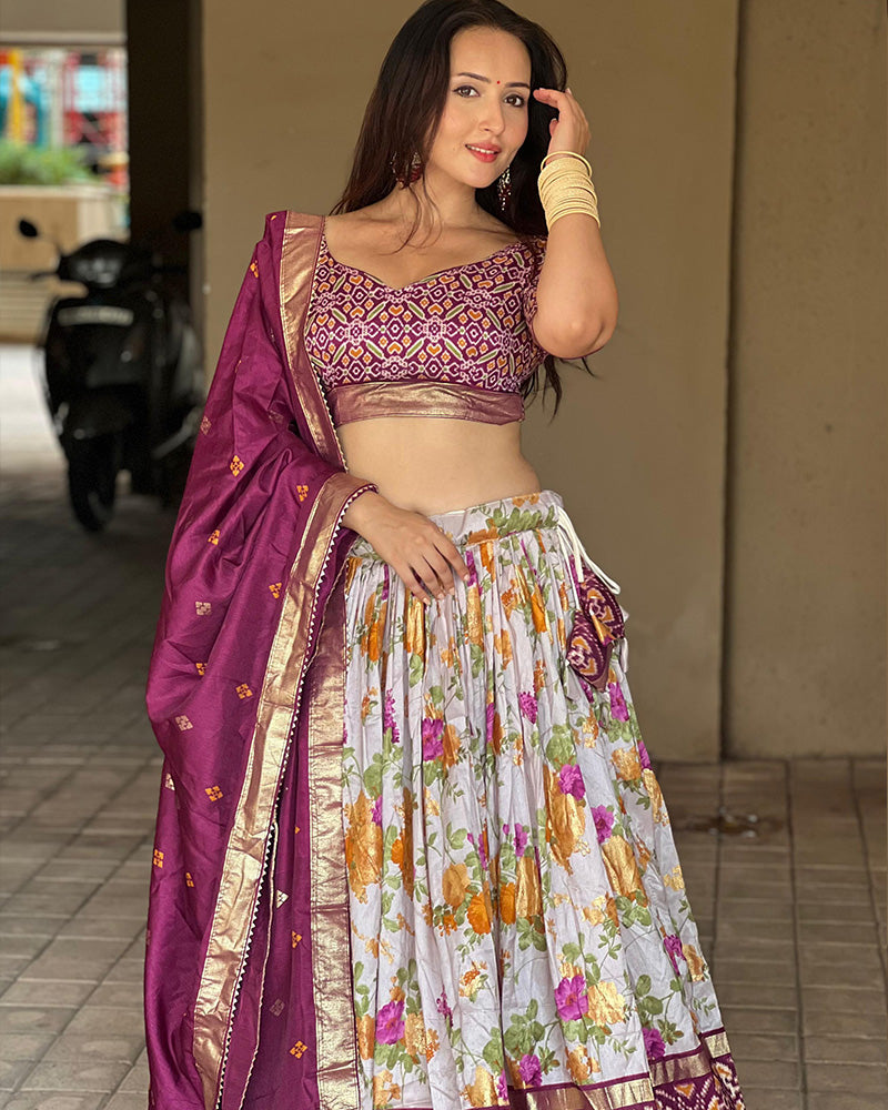 Wine Color Tussar Silk Floral And Patola Printed Navratri Lehenga Choli