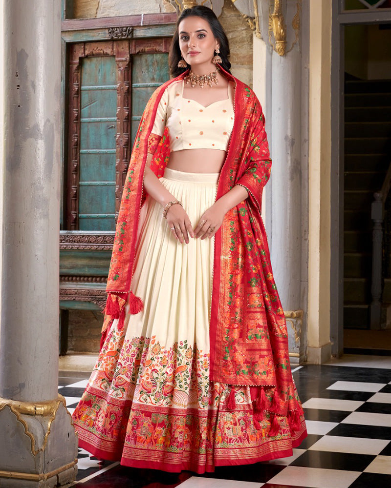 Off White Color Tussar Silk Printed With Foil Work Lehenga Choli