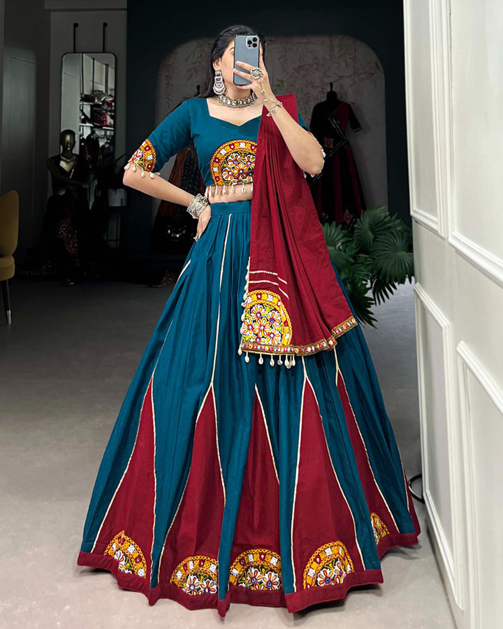 Teal green Color Pure Cotton Navratri Lehenga Choli