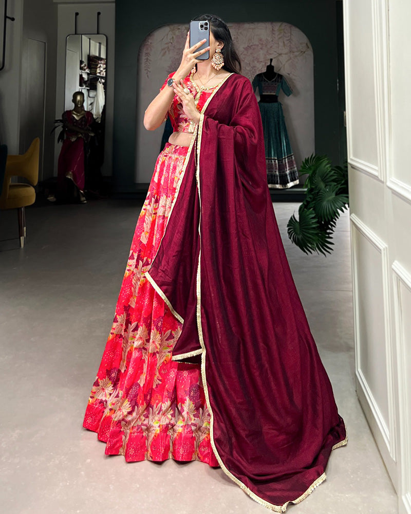 Red Color Tussar Silk Floral Printed Lehenga Choli