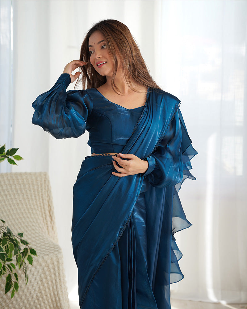 Teal Blue Color Soft Organza Pre Drapped Saree