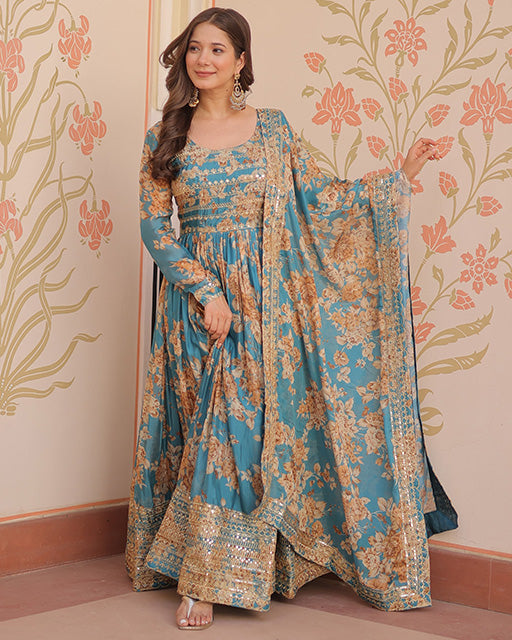 Sky Blue Color Russian Silk Embroidered Gown
