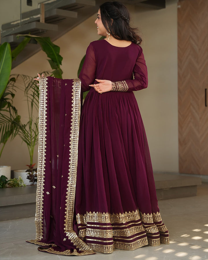 Wine  Color Faux Blooming Embroidered Gown With Dupatta