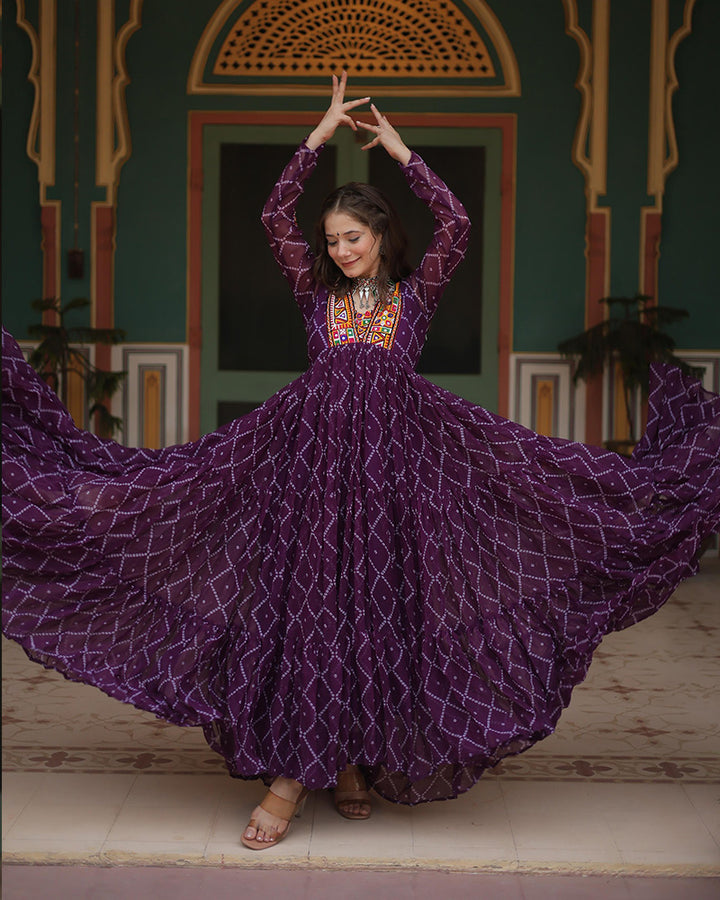 Dark Purple Color Georgette Bandhej Print Navratri Gown