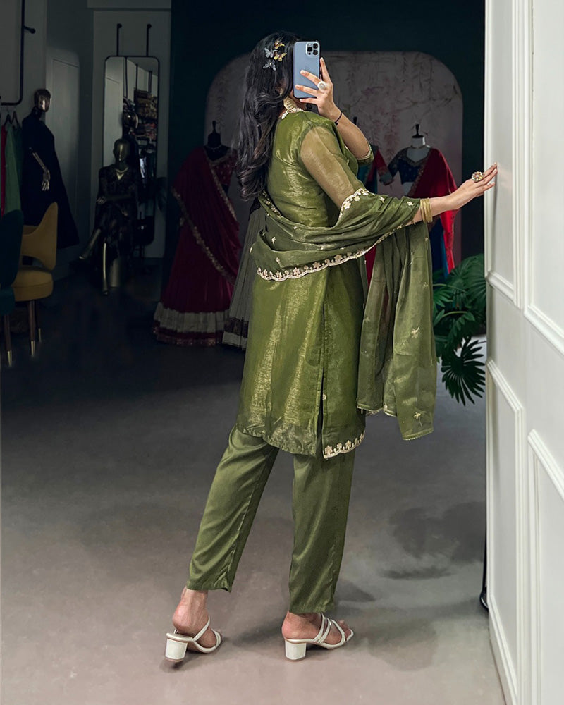 Olive Green Color Gold Coin Three Piece Kurti Suit