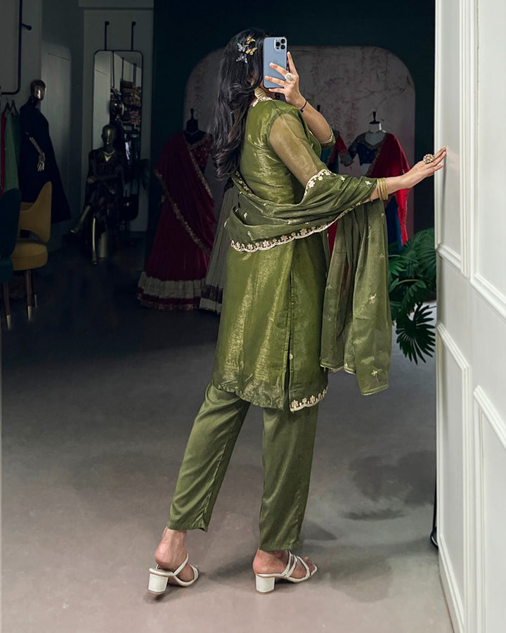 Olive Green Color Gold Coin Three Piece Kurti Suit