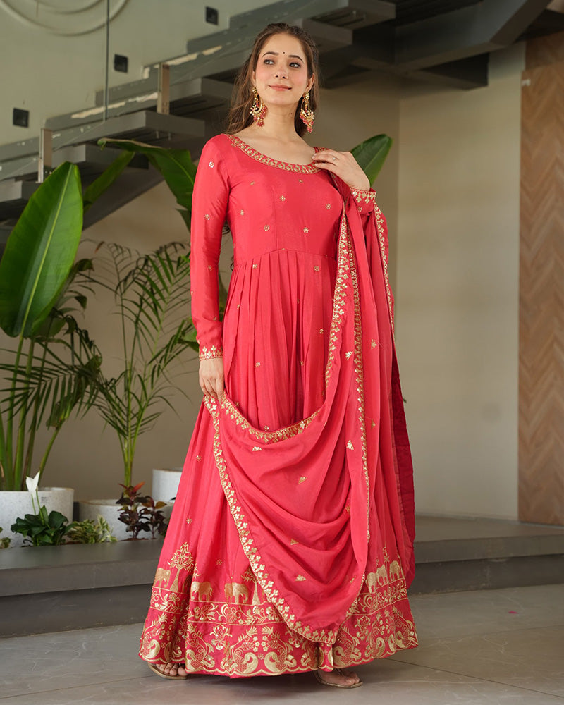 Peach Color Chinon Silk  Sequins Embroidered Gown