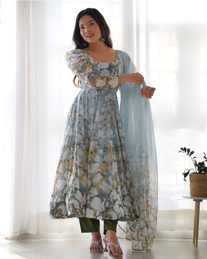 Green Color Pure Soft Organza Three Piece Anarkali Suit